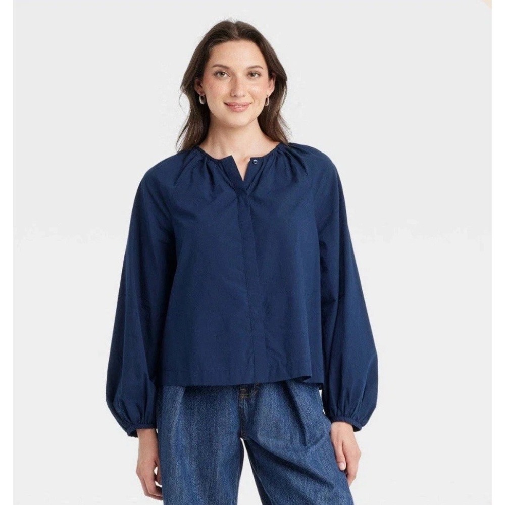 NWT Universal Thread Navy Balloon Sleeve Button Down Peasant Blouse‎ Top sz L